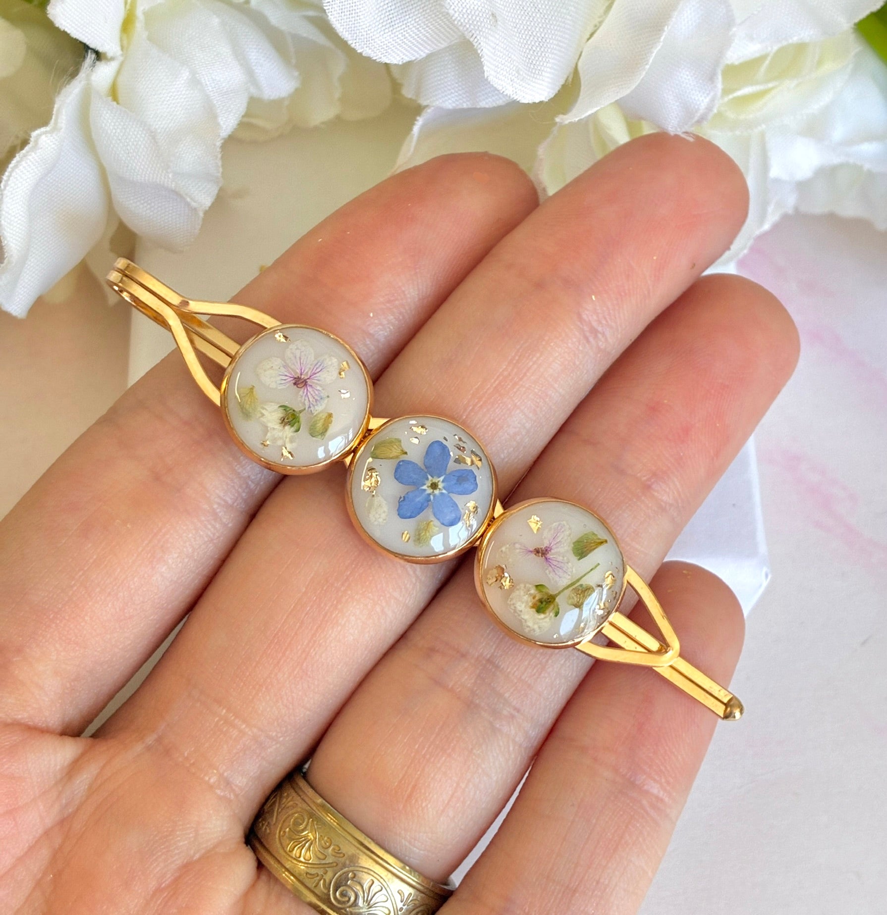 Gold triple forget me not bloom Hair slide