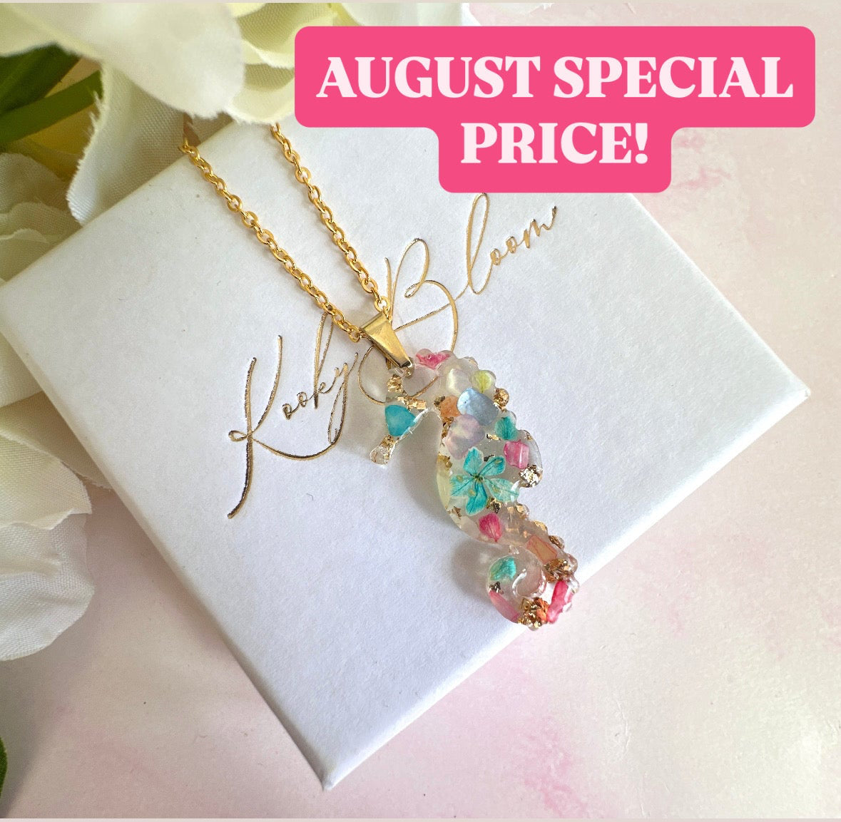 Gold real flower & seashell Seahorse necklace.