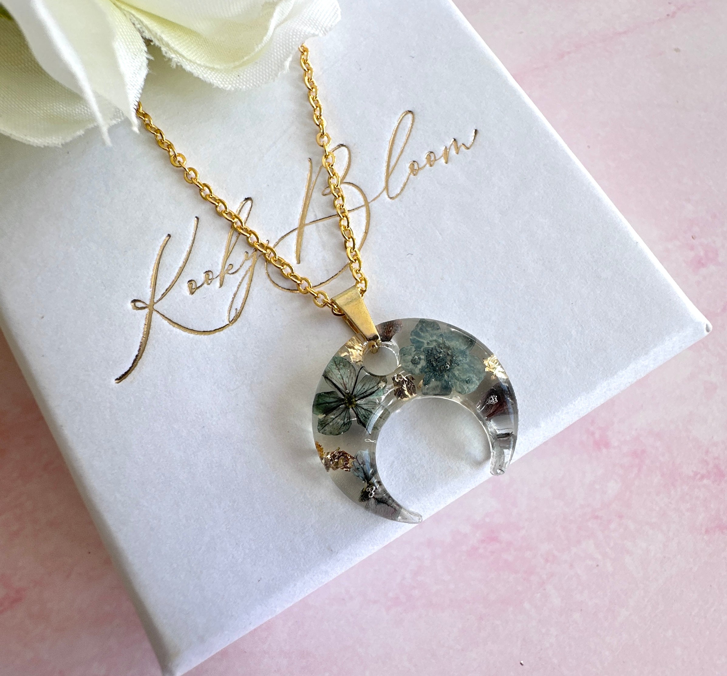 Gold Midnight petal flower crescent necklace