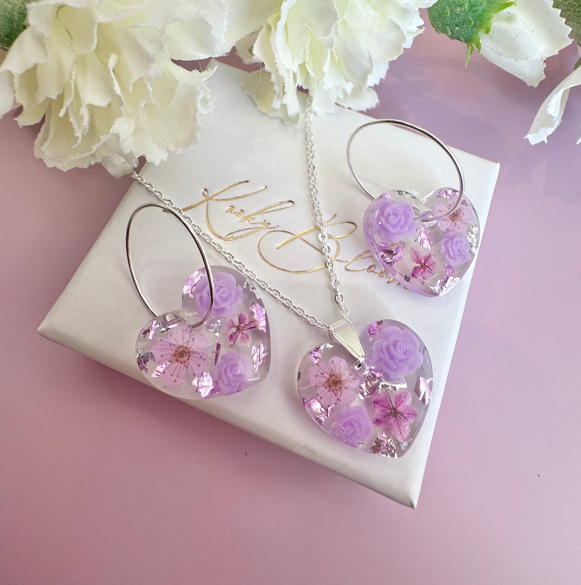 Lilac Rose Blossom Heart earrings.