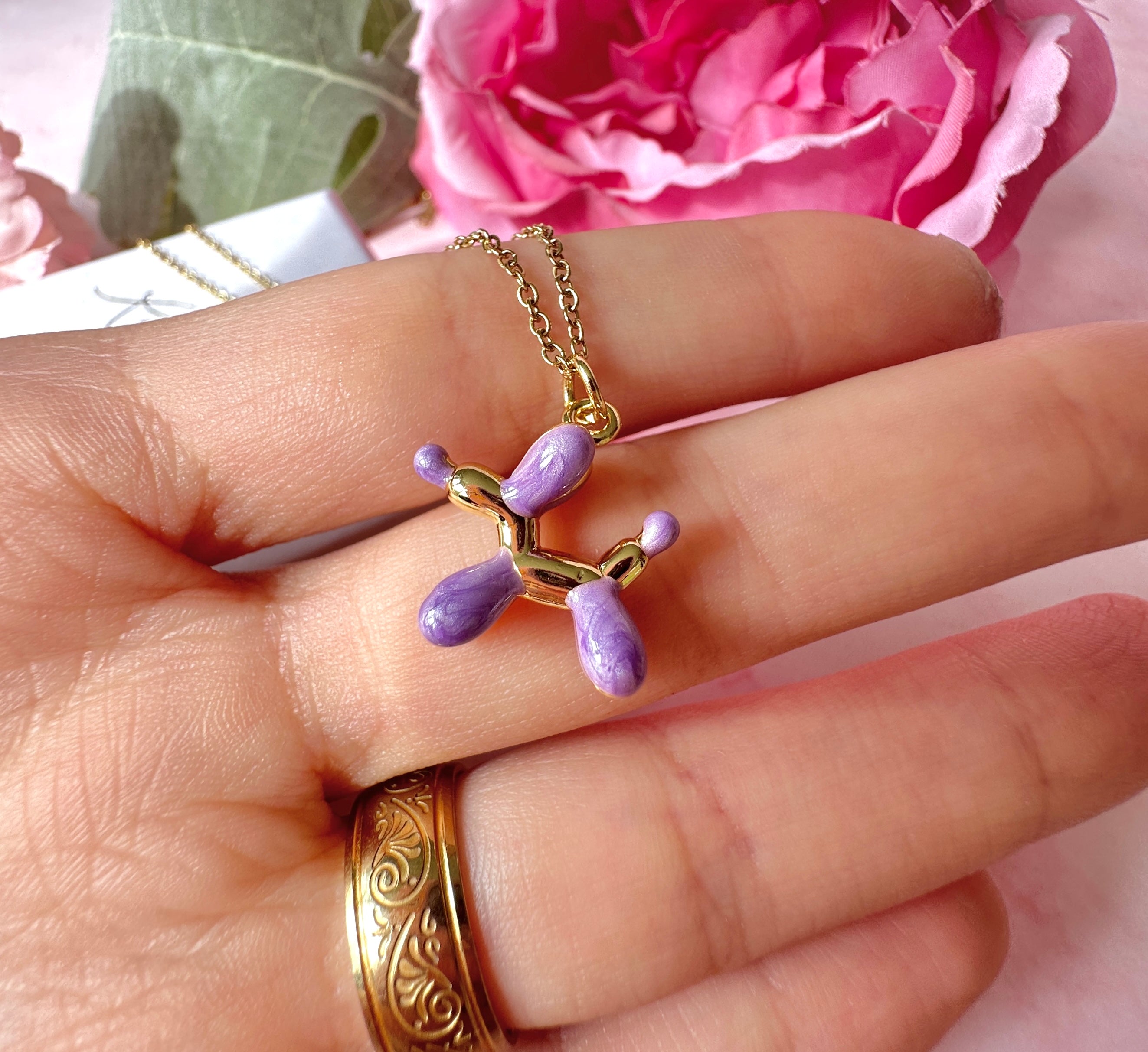 Lilac Balloon Dog gold Necklace.