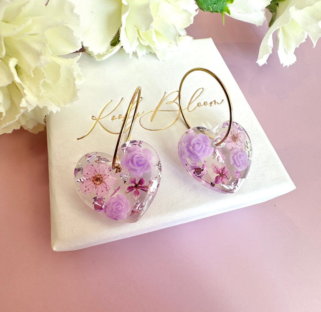 Lilac Rose Blossom Heart earrings.