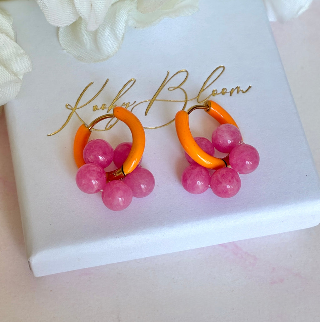 Gold Colourful Pink Orange enamel bead flower earrings.