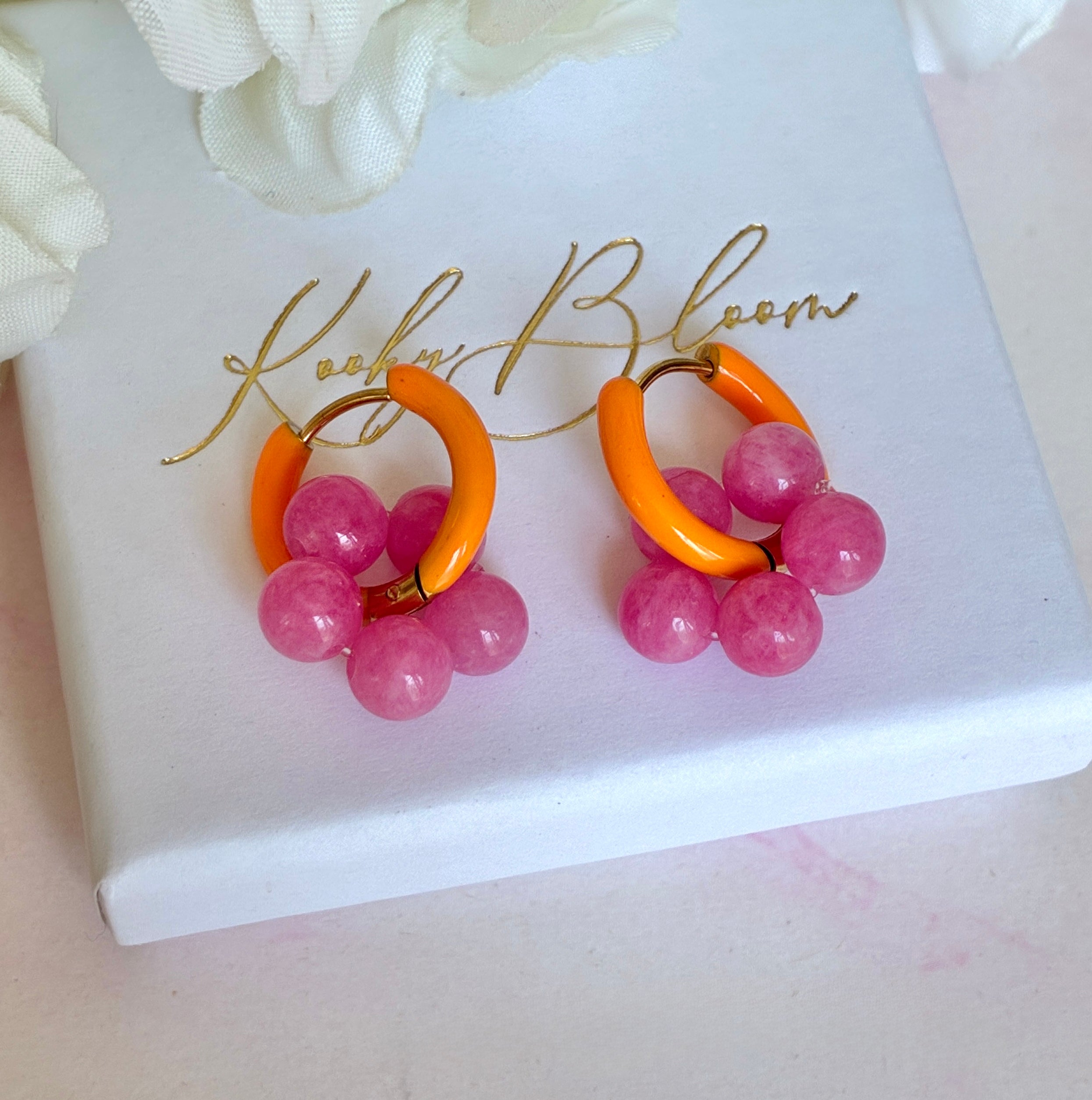 Gold Colourful Pink Orange enamel bead flower earrings.