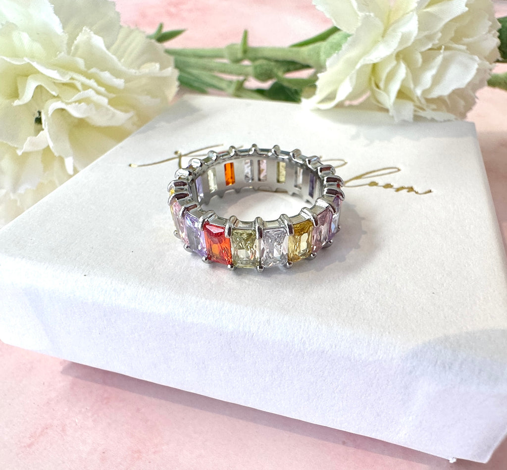 Silver Multicoloured rectangle Stone band ring.