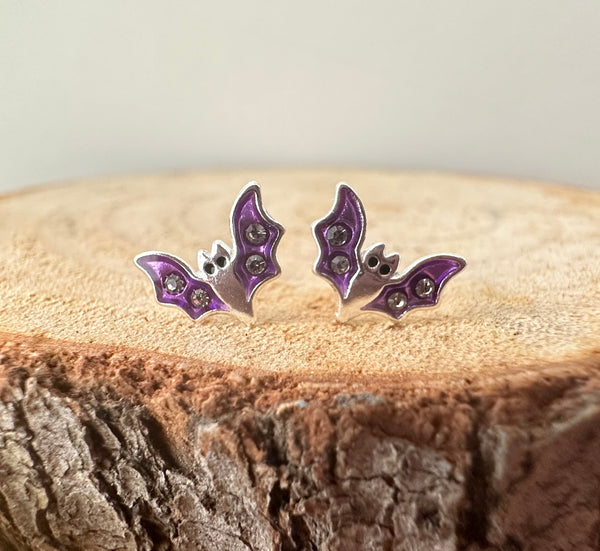 Kooky Kids Purple Bats sterling silver earrings