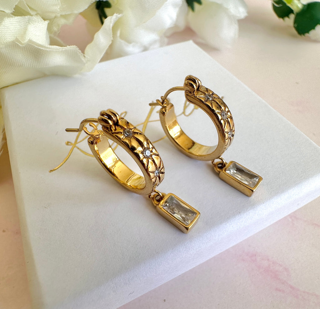 Gold Rectangle drop CZ engraved star Hoop earrings.