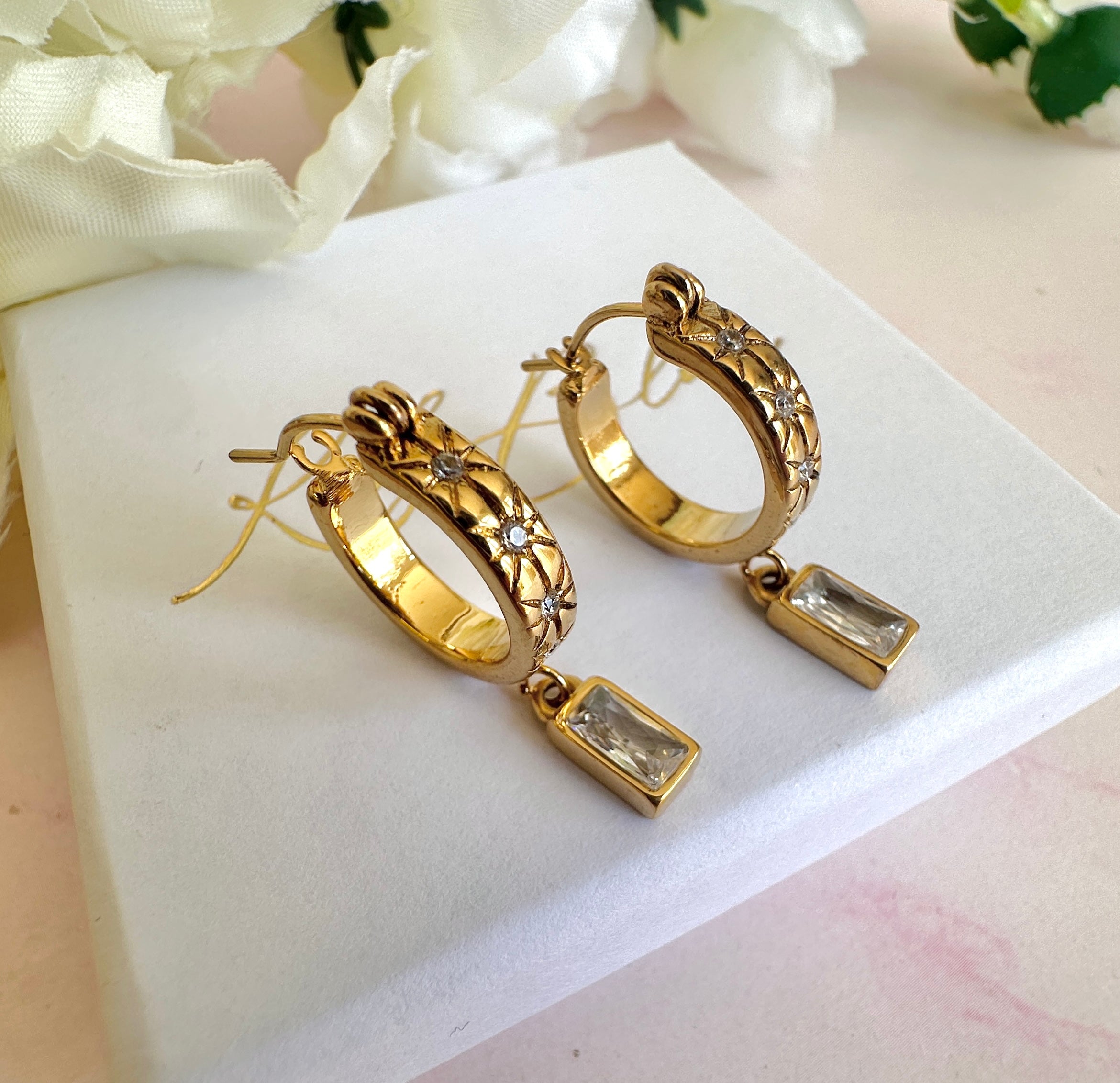 Gold Rectangle drop CZ engraved star Hoop earrings.
