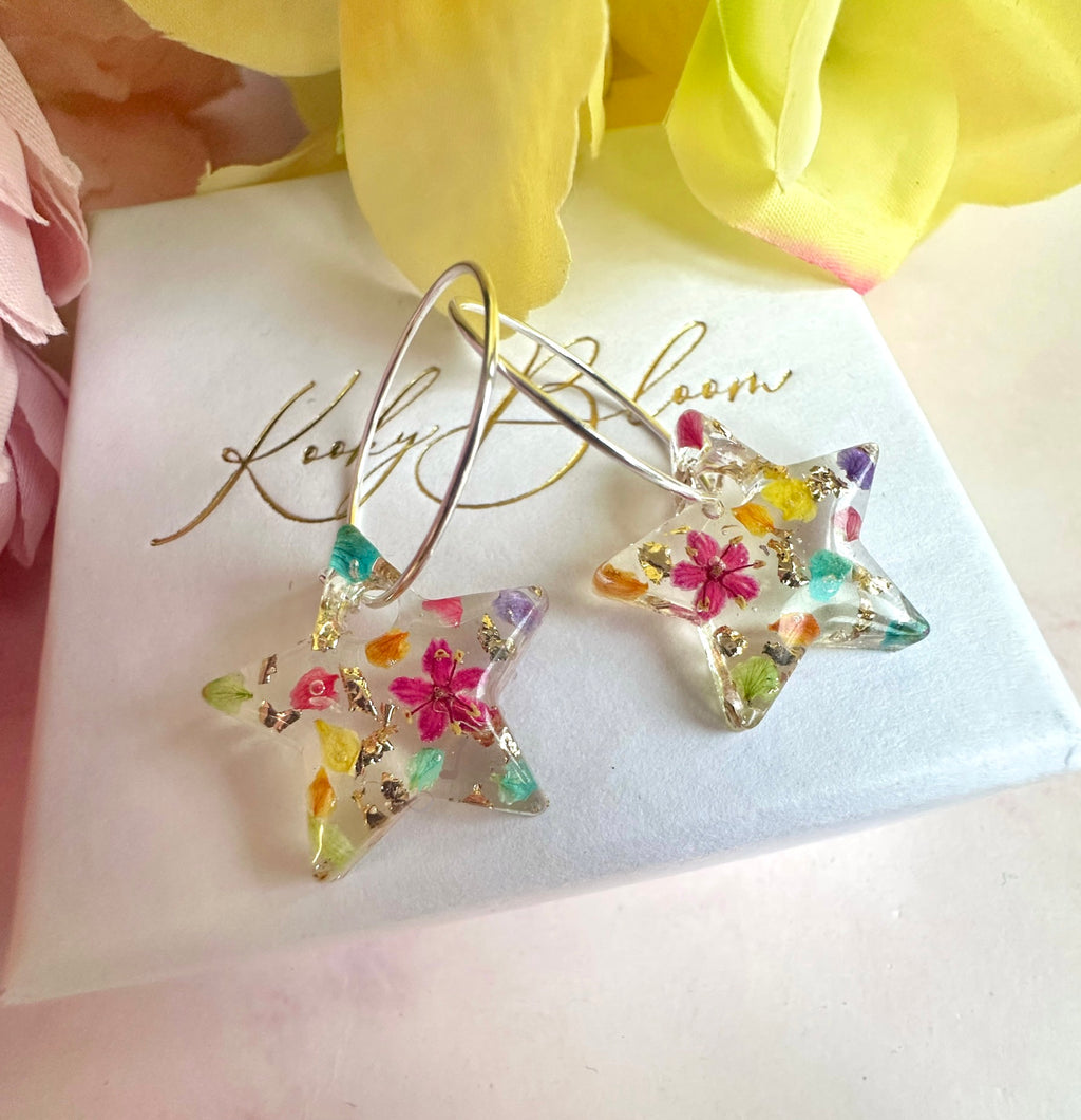Rainbow petal confetti Star hoop earrings