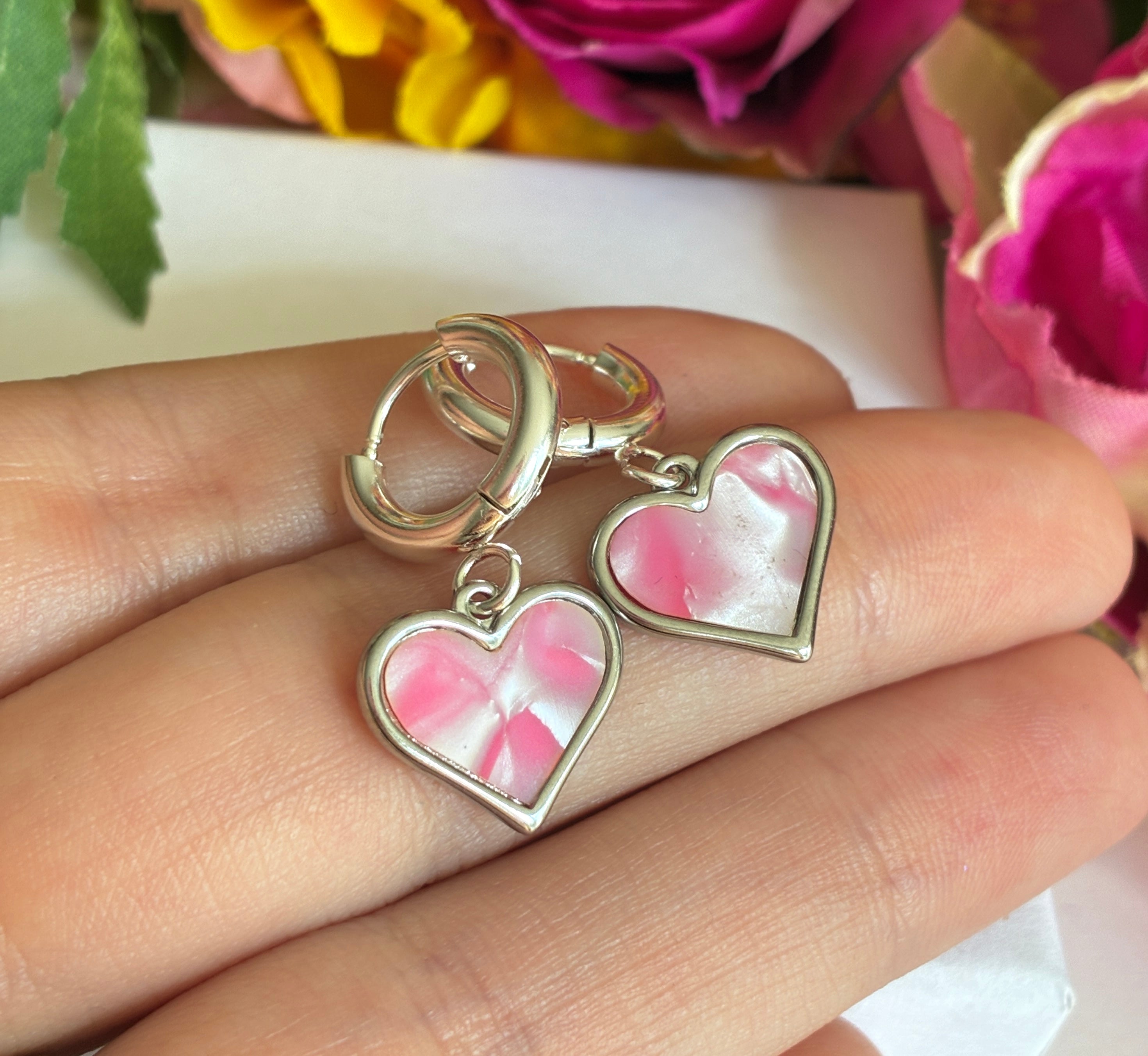 Silver Pink Shell heart Chunky huggie hoop earrings.