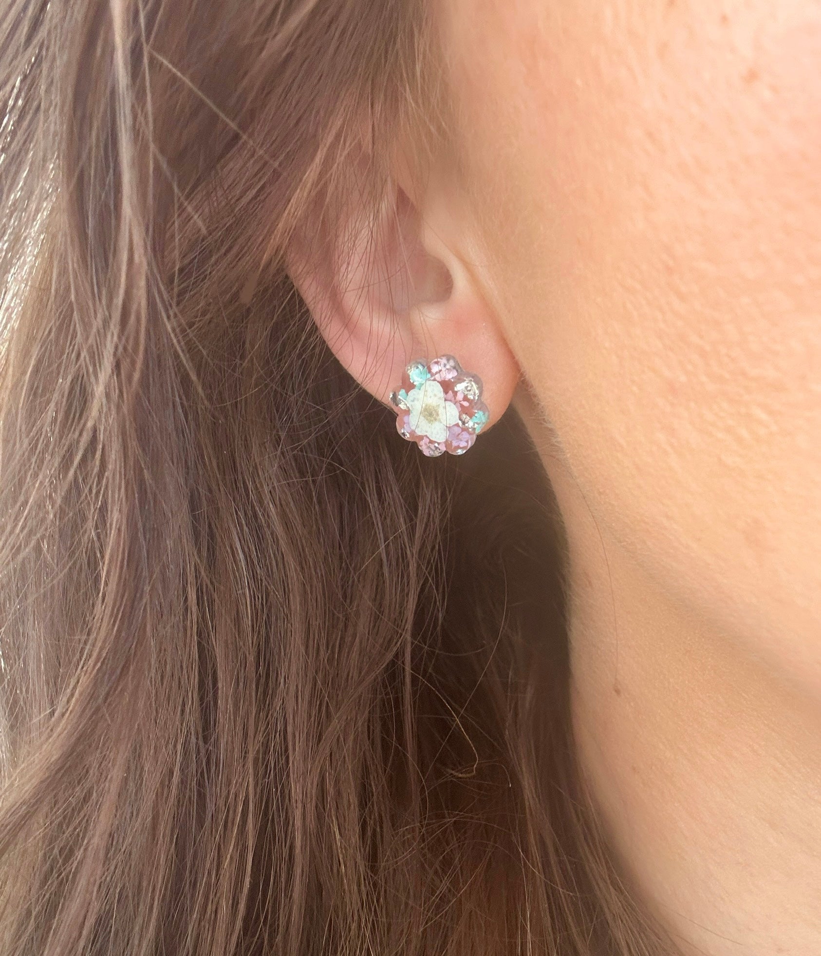 Colourful Blossom bloom flower Sterling silver stud earrings.