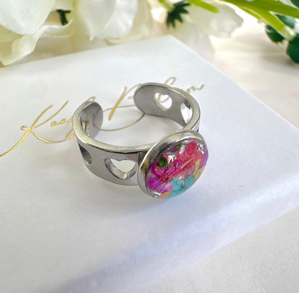Silver Heart Cut out Multicoloured bloom cuff ring.