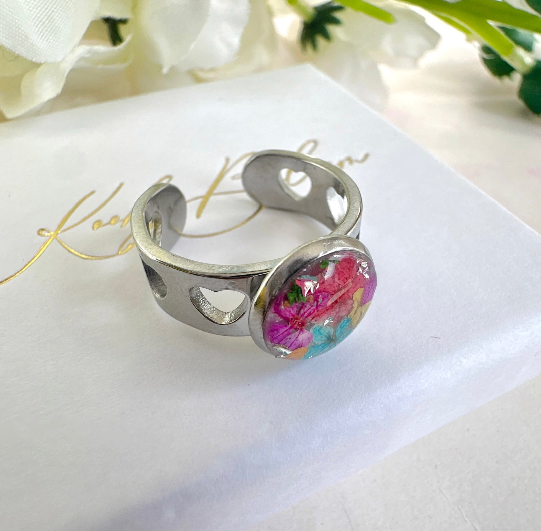 Silver Heart Cut out Multicoloured bloom cuff ring.