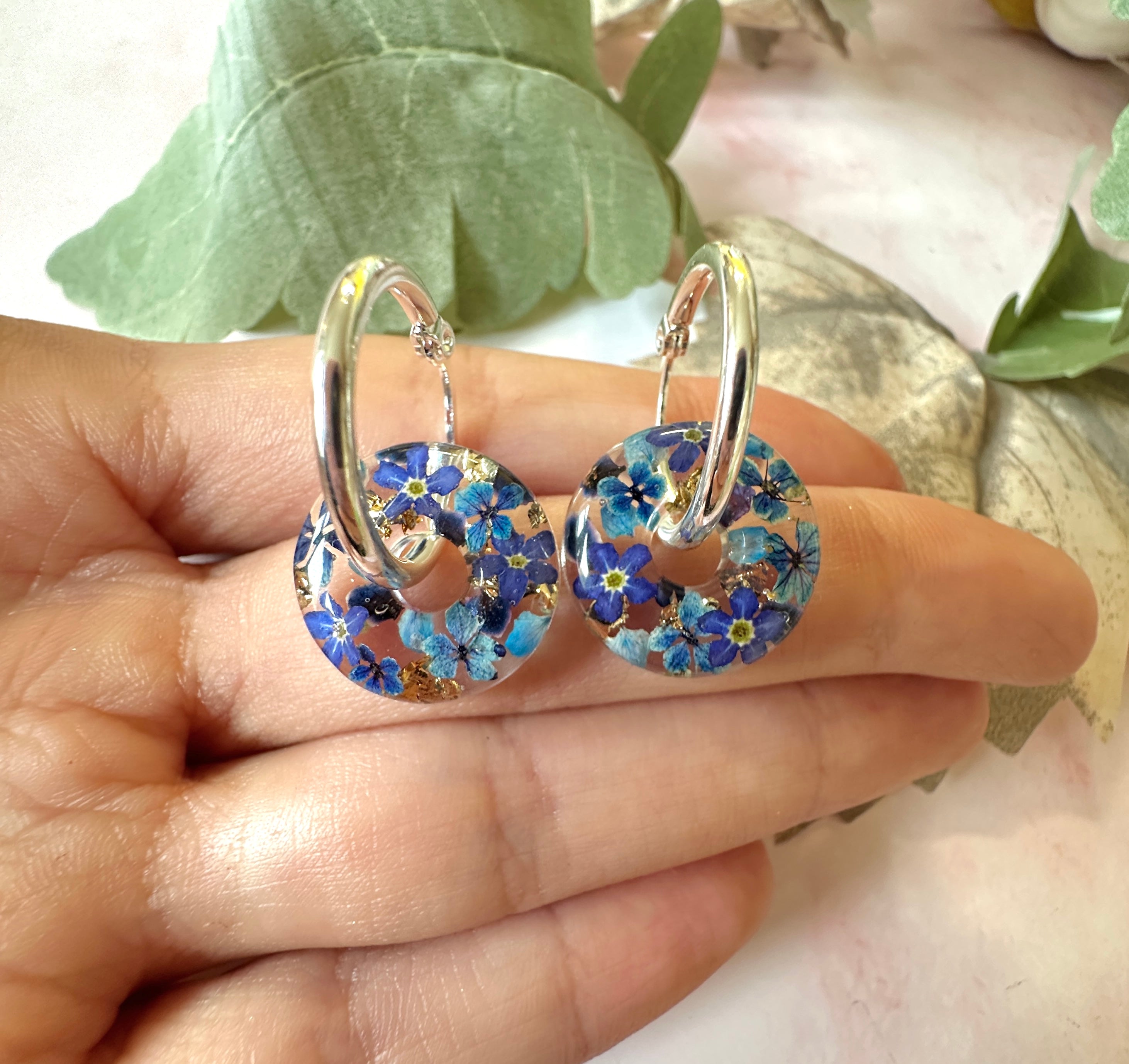Denim Donut bloom earrings.