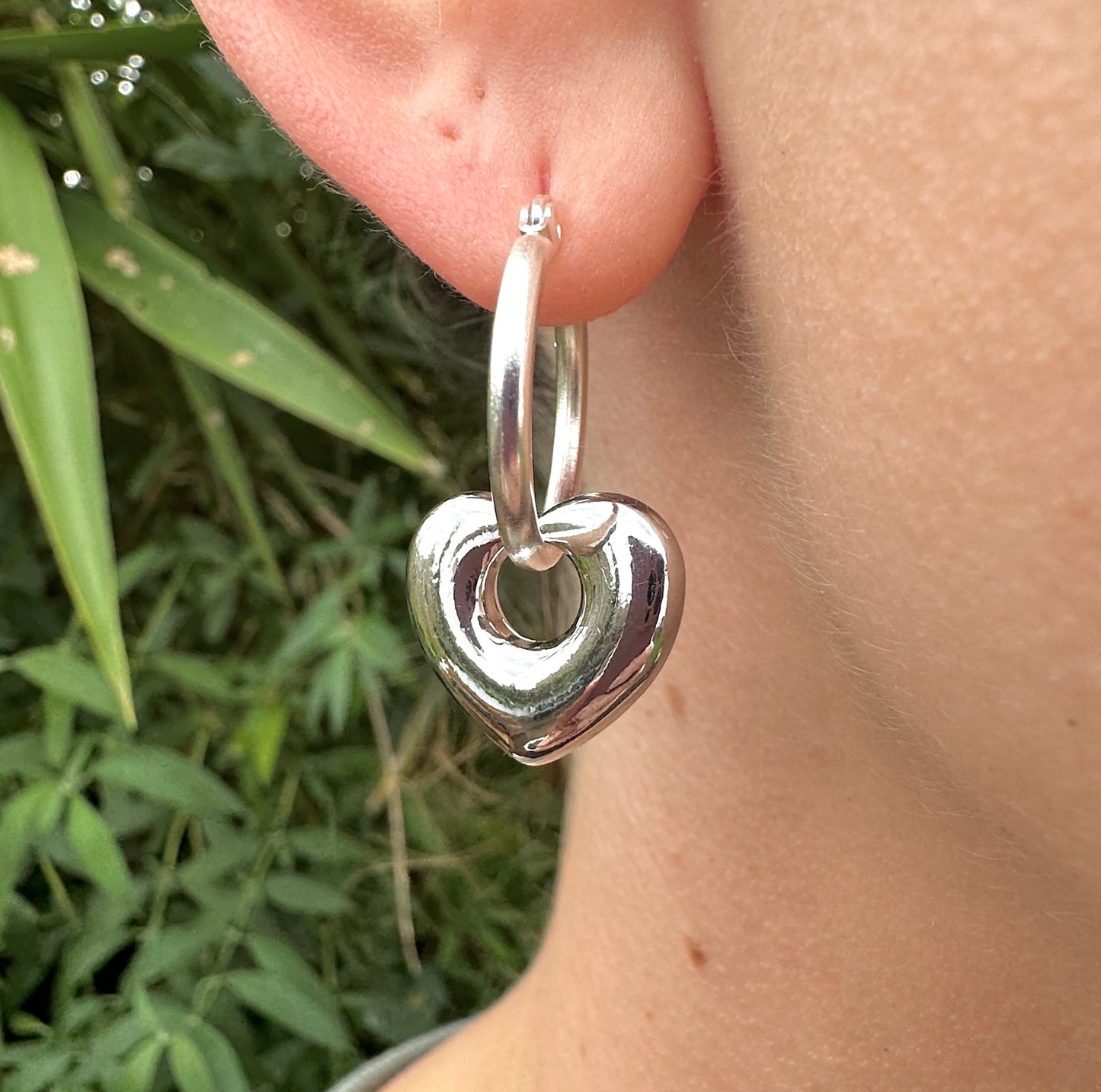 Silver Chunky Heart hoop earrings.