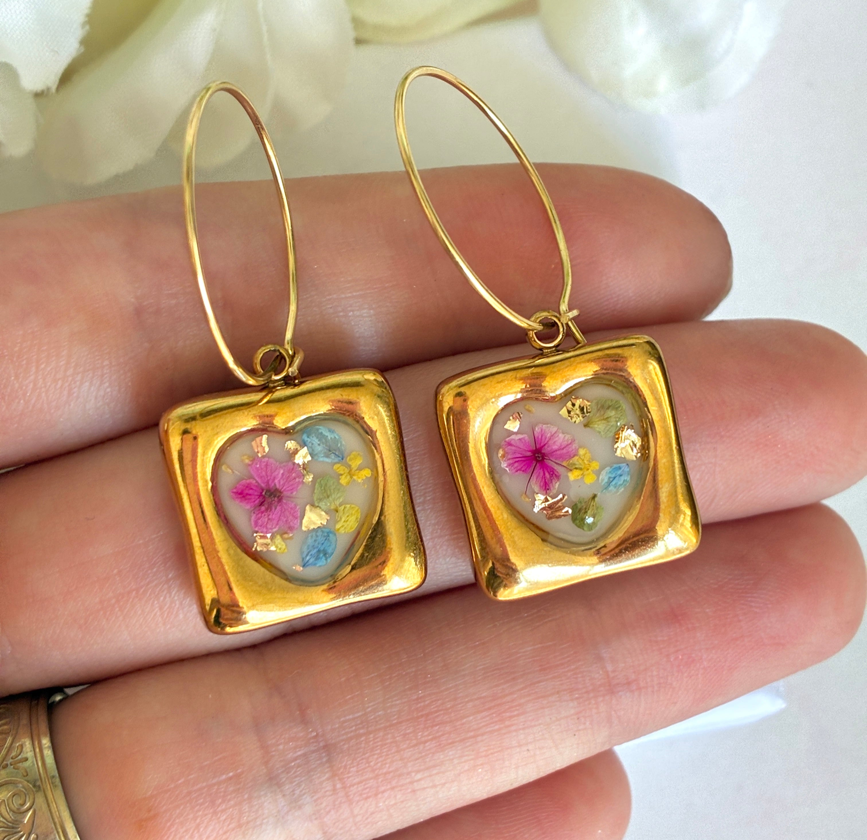 Gold Meadow Mosaic Heart Bloom hoop earrings.