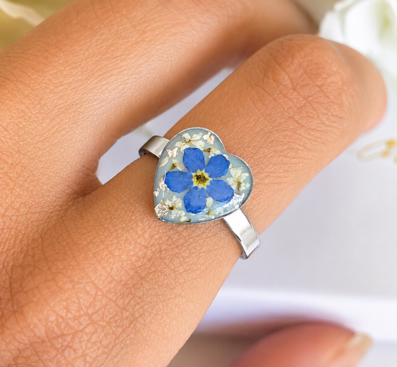 Silver Forget me not flower Heart ring.