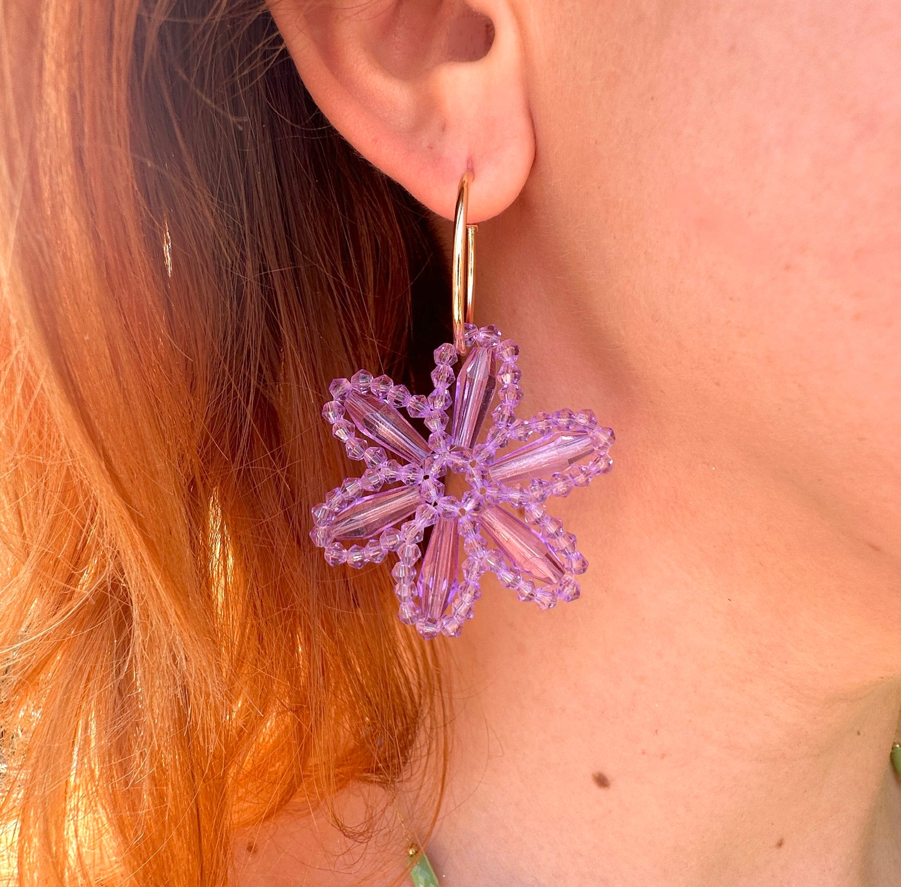 Purple beaded Glass Flower Hoop earrings.