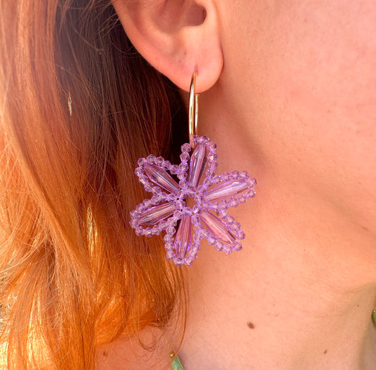 Purple beaded Glass Flower Hoop earrings.