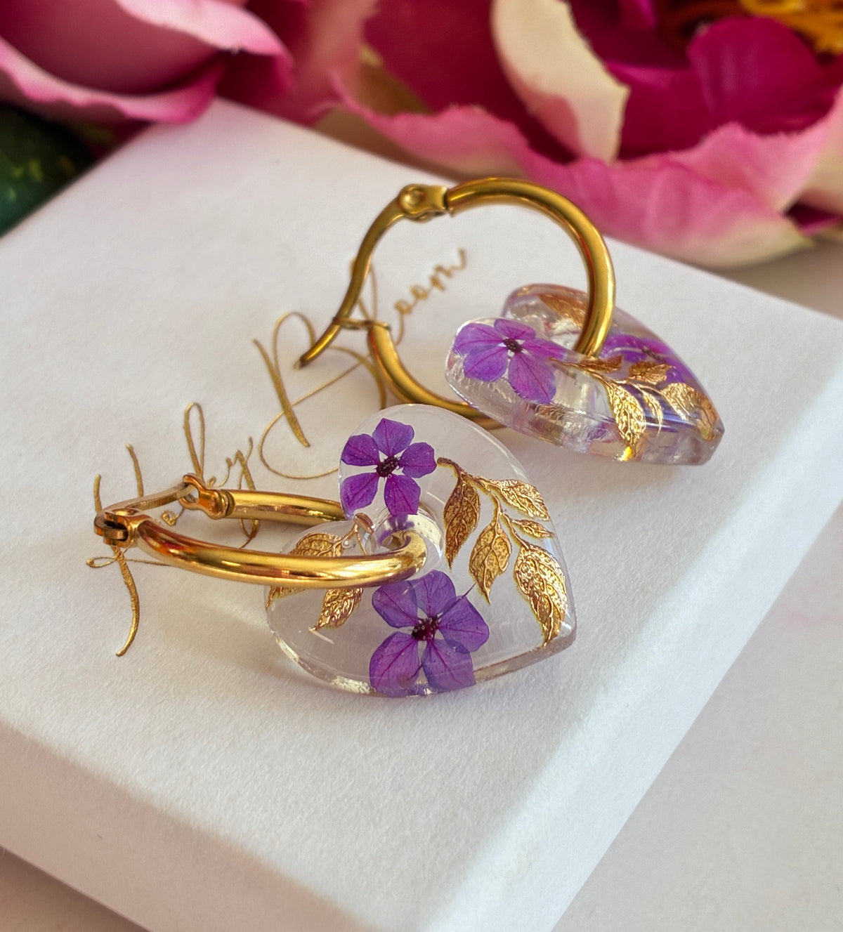 Frosted Violet bloom Heart earrings.