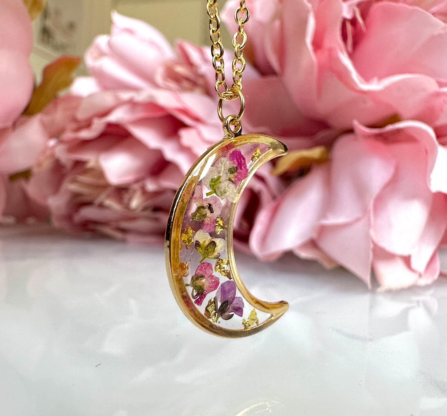 Gold Sweet pea Moon Flower necklace.