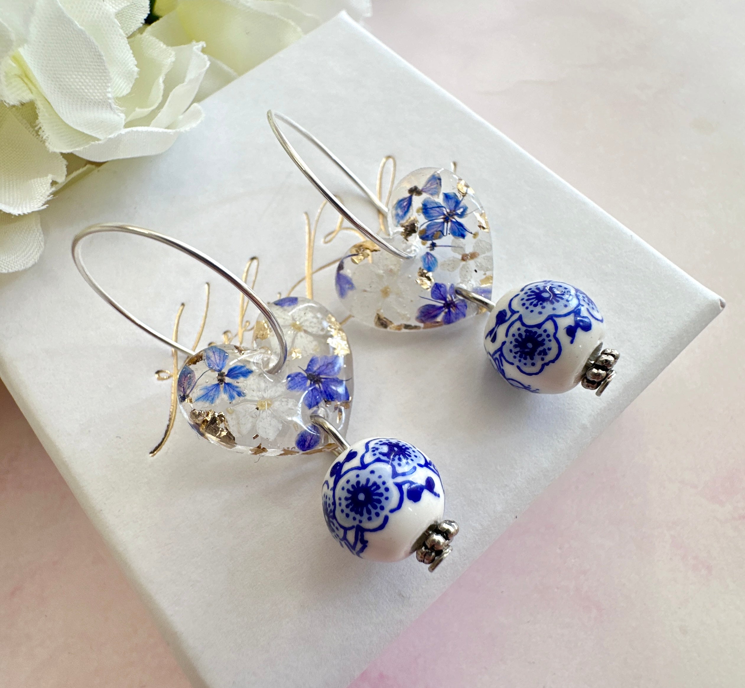 Ceramic Blue willow bead Flower Heart hoop earrings.