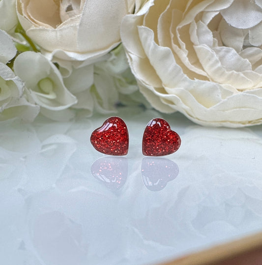 925 sterling silver Red Glitter Heart Stud earrings.