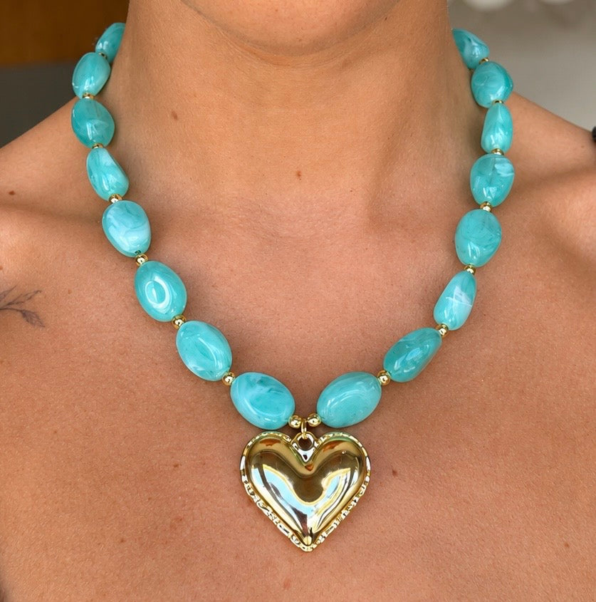 Gold chunky Aqua stone Heart necklace.