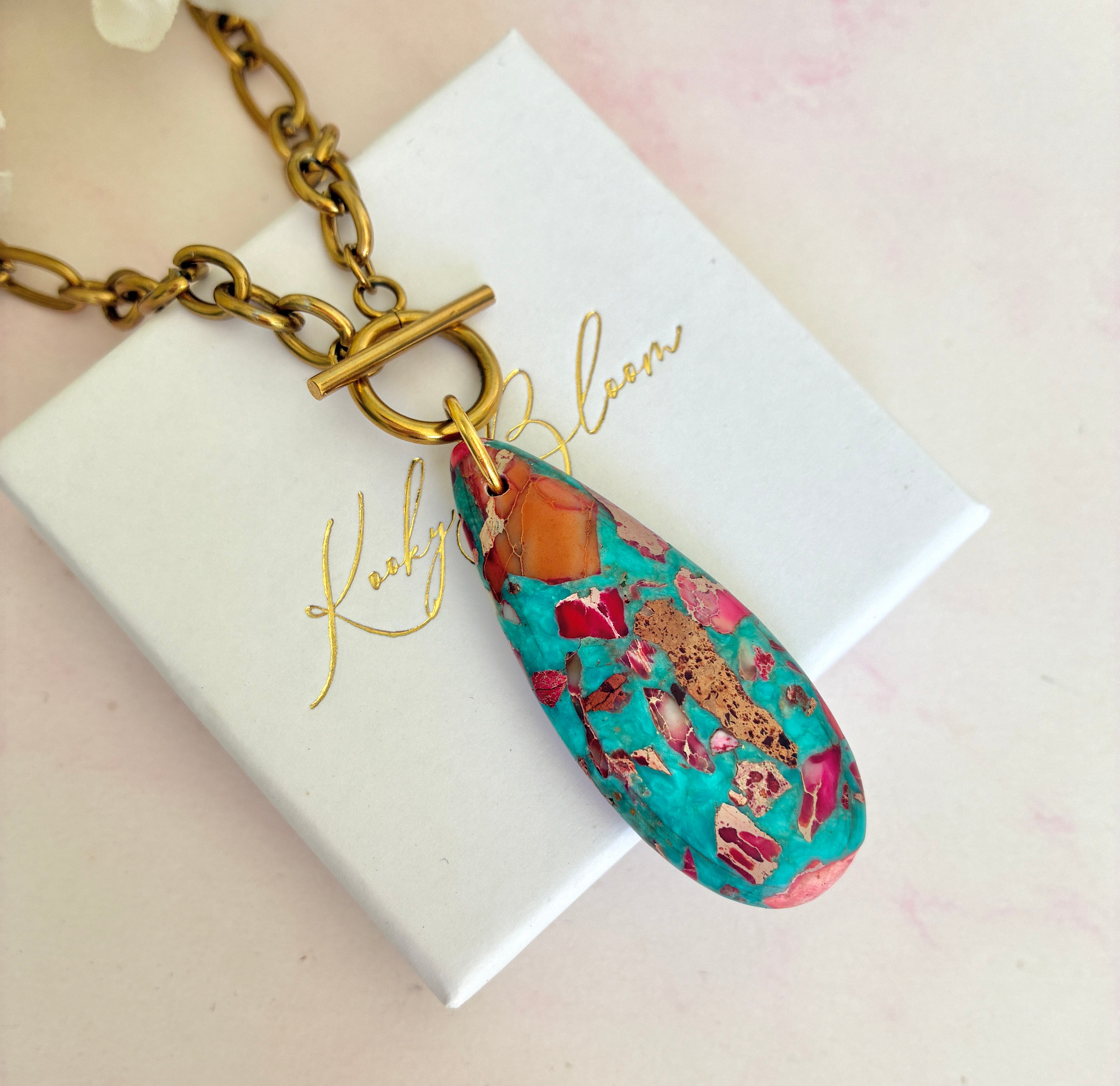 Chunky Pink blue Turquoise Jasper toggle clasp necklace.