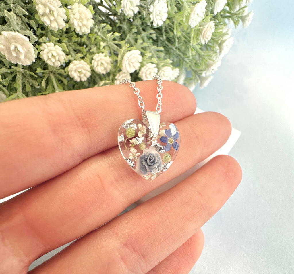 Silver Powder Blue Forget me not Heart necklace.