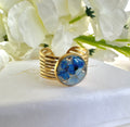 Gold Blue blossom Layered ribbed band Ring.