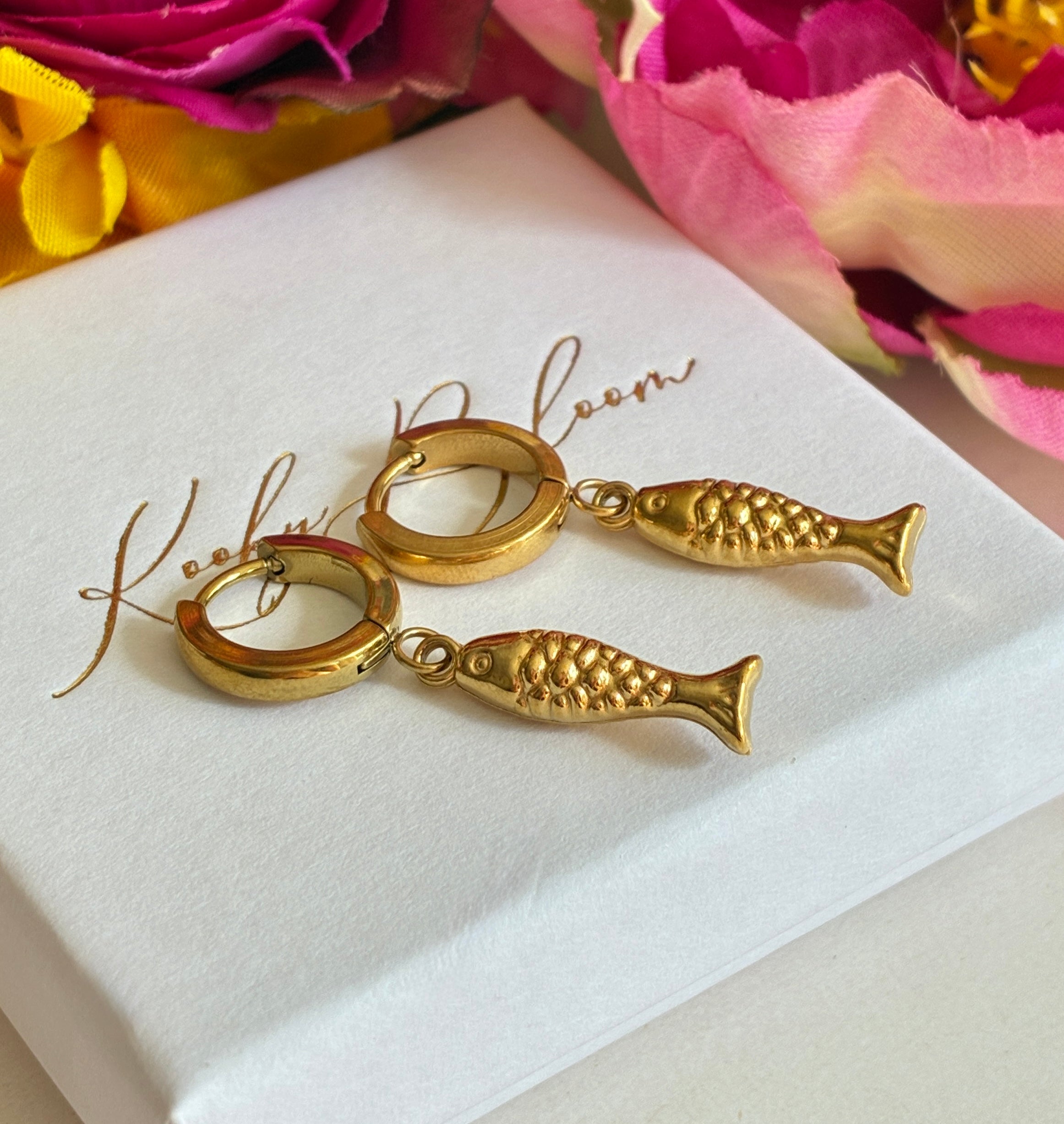 Gold Fish drop huggie hoop earrings