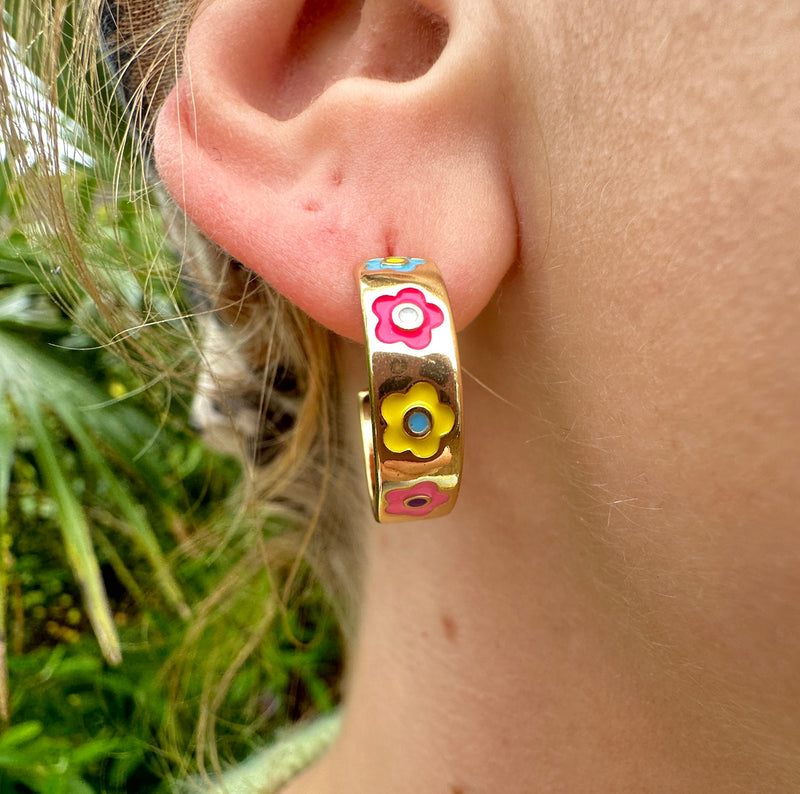Flower enamel colourful small chunky gold hoop earrings.