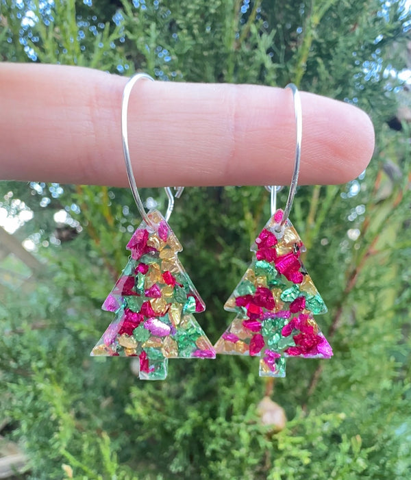 Crushed Glass Christmas Tree Hoop earrings.