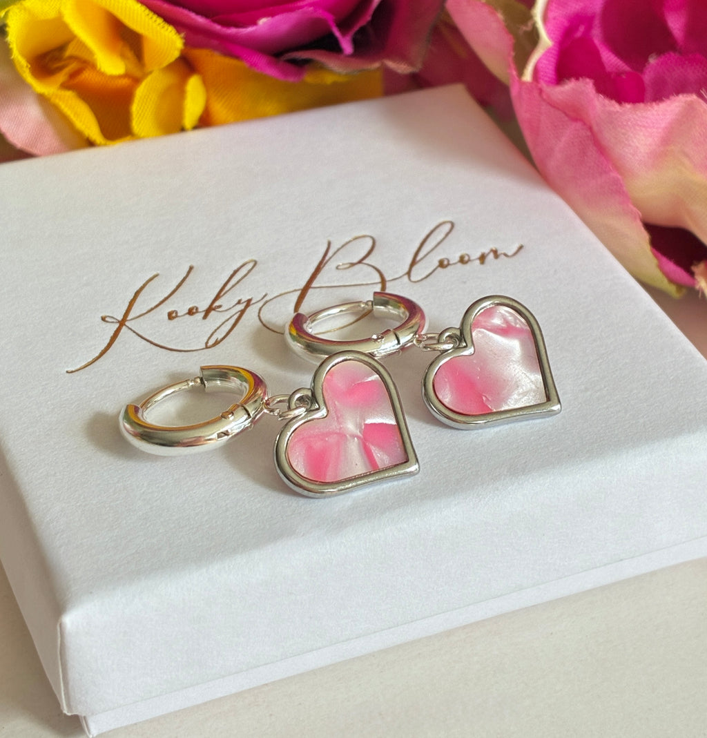 Silver Pink Shell heart Chunky huggie hoop earrings.