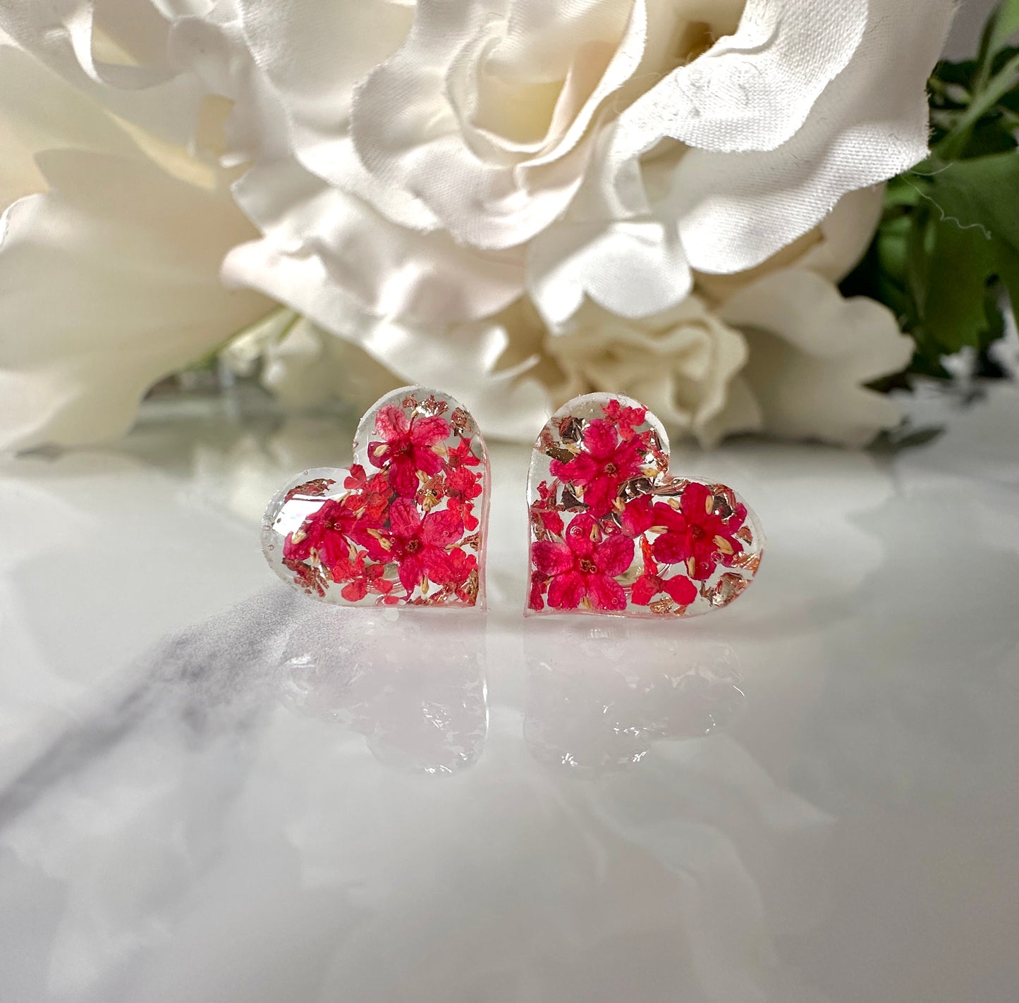 Red Flower valentines Heart 925 sterling Stud earrings.