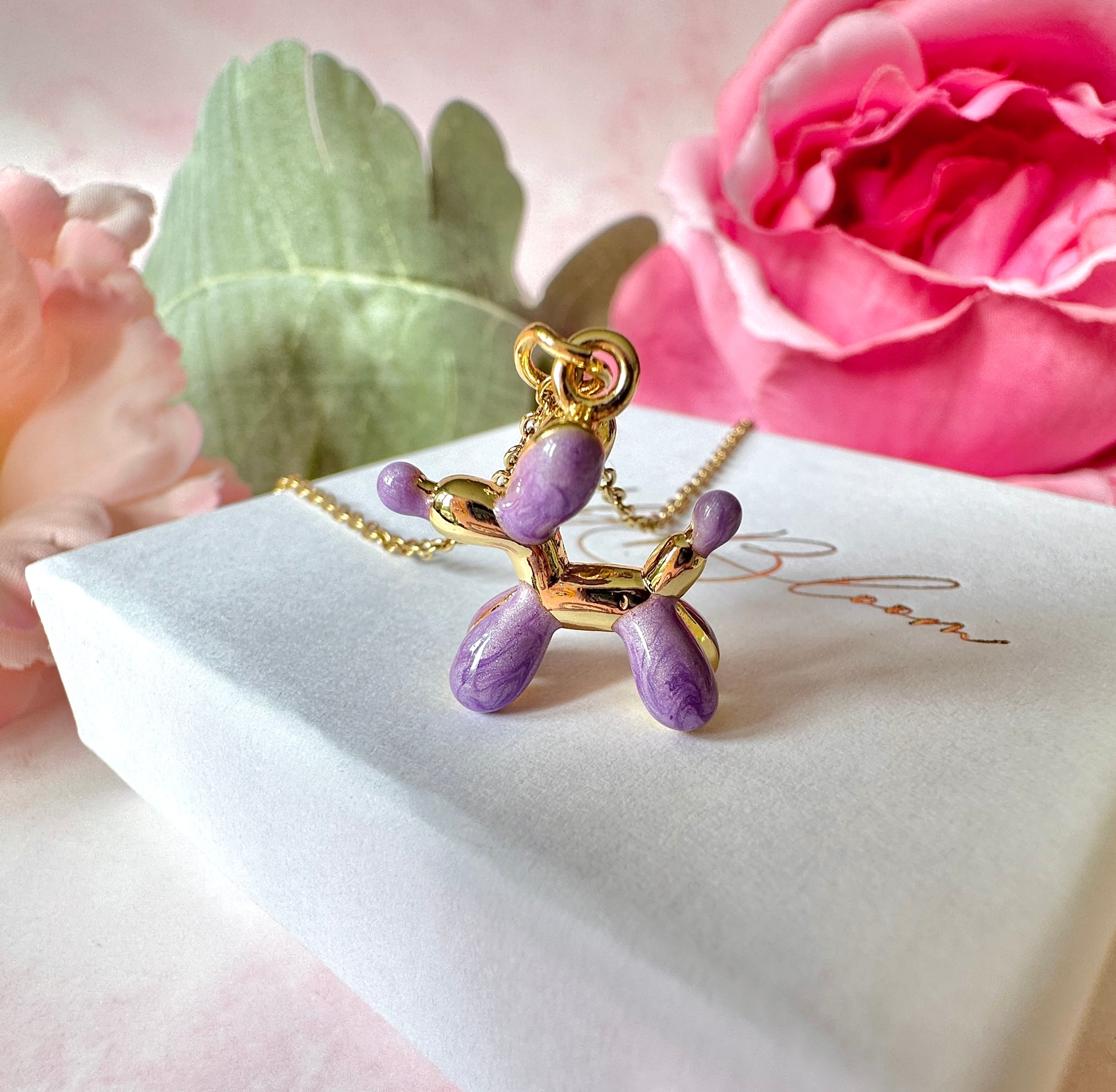 Lilac Balloon Dog gold Necklace.