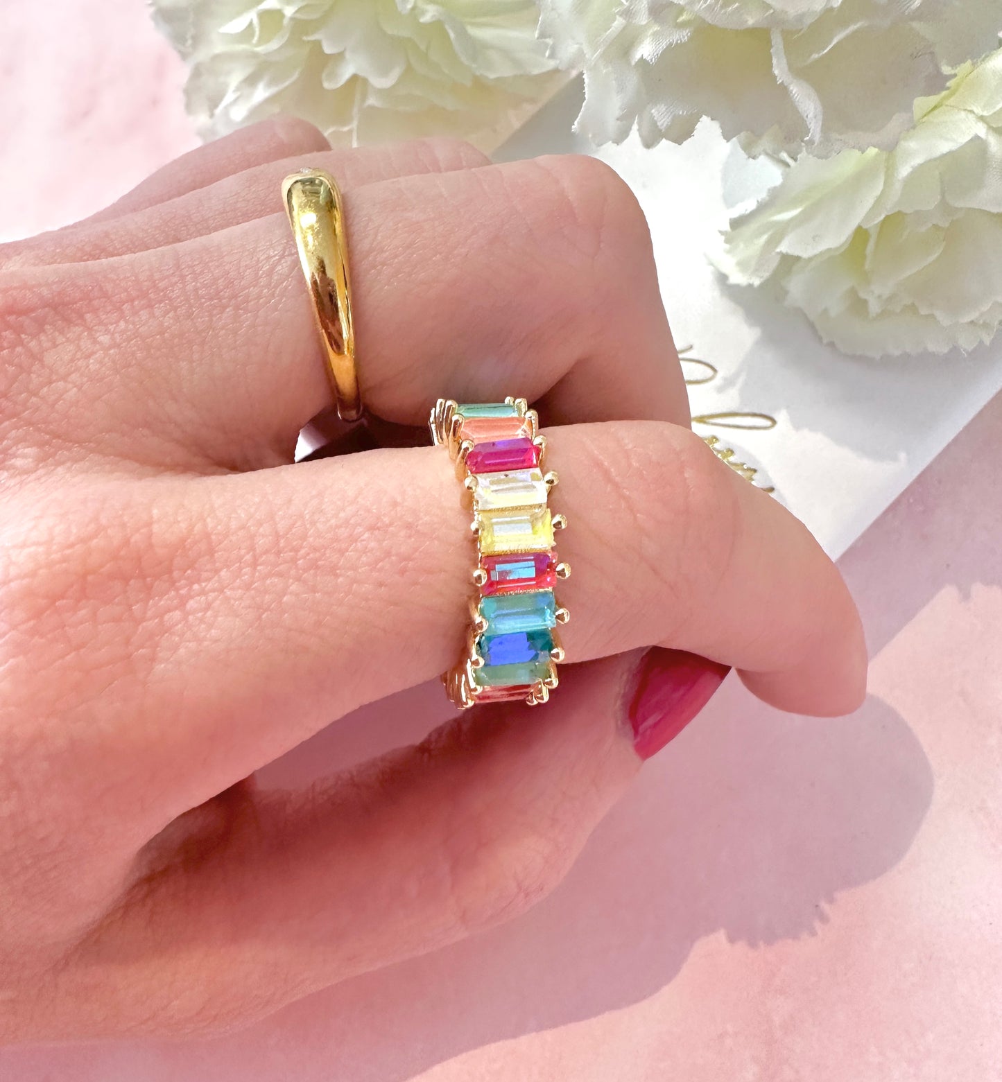 Gold multicoloured rectangle stone Adjustable ring.