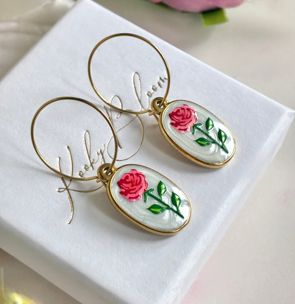 Gold Enamel Rose hoop earrings