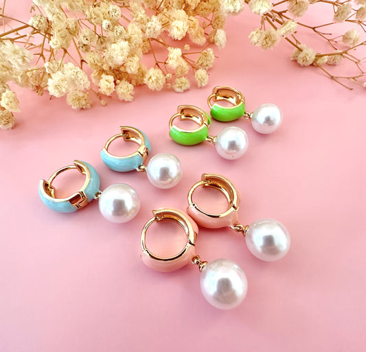 Gold Enamel Pearl drop Huggie earrings.