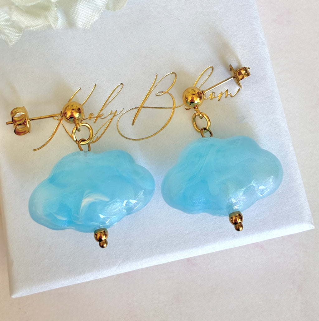 Gold Blue Cloud stud drop earrings.