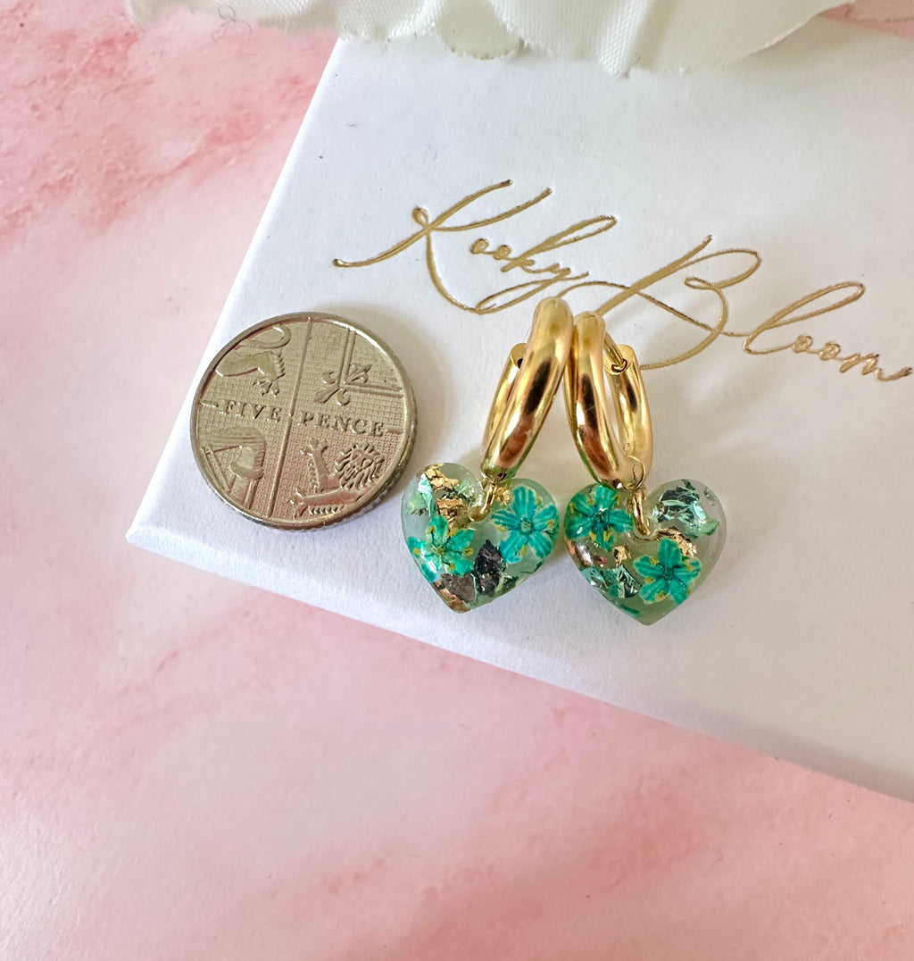 Gold Tiny Turquoise bloom heart Huggies earrings.