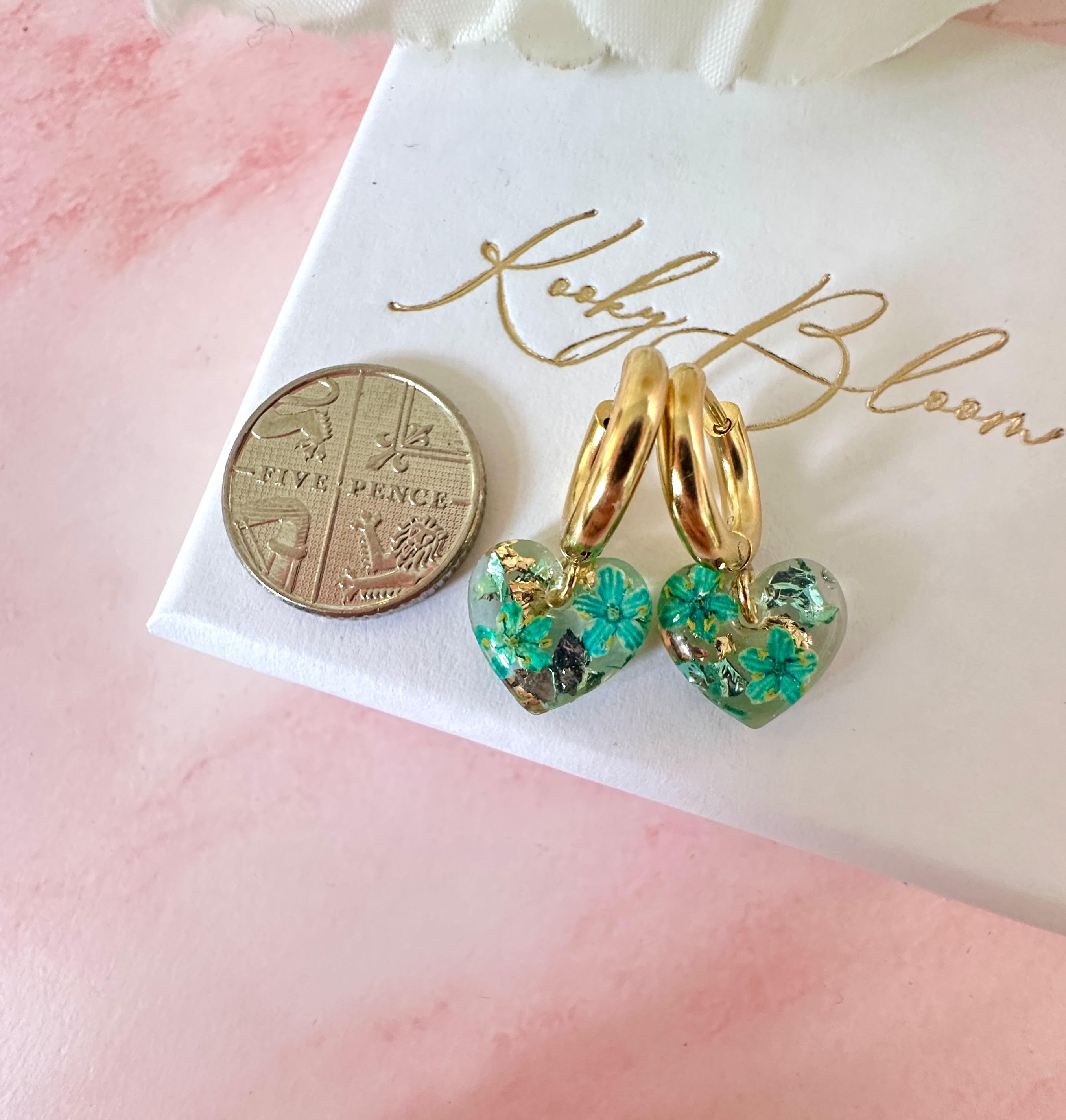 Gold Tiny Turquoise bloom heart Huggies earrings.