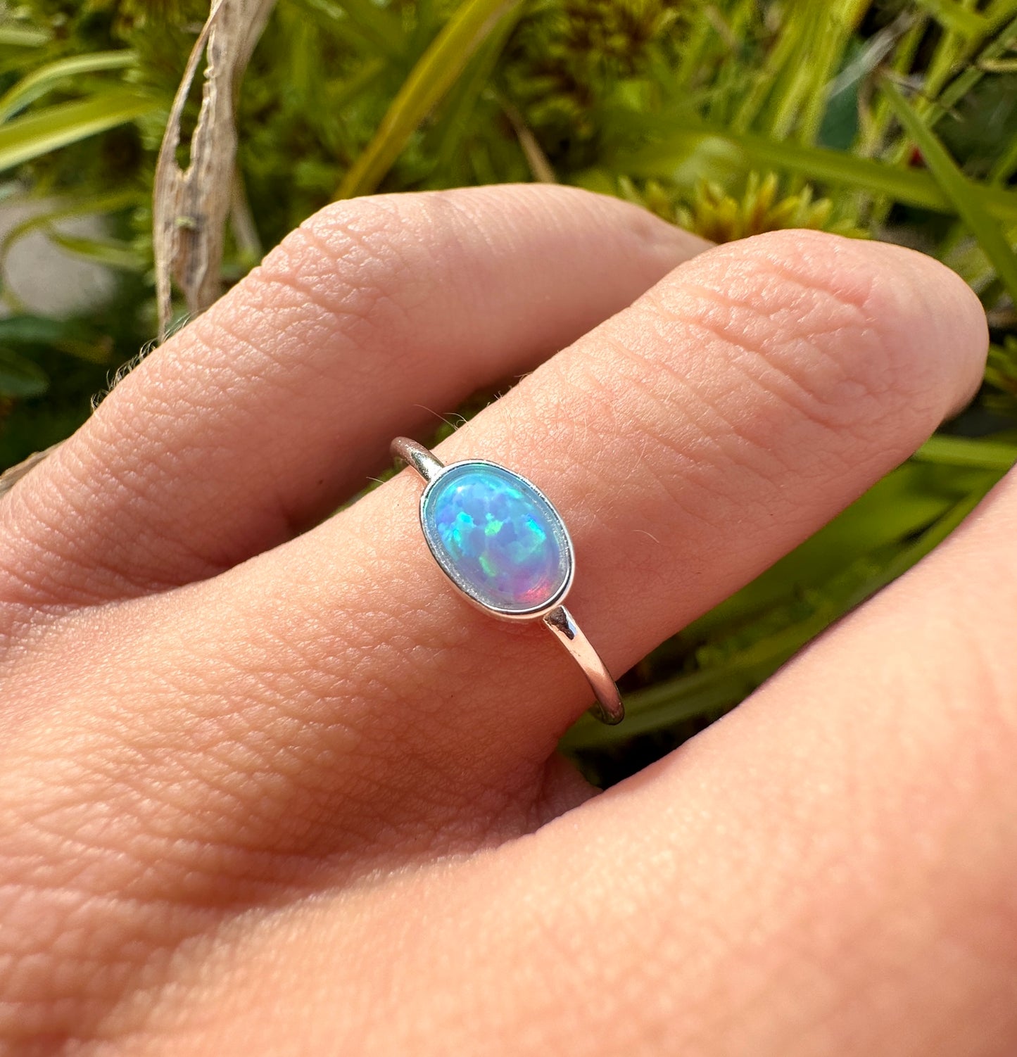 Blue Oval Opal 925 sterling silver ring.