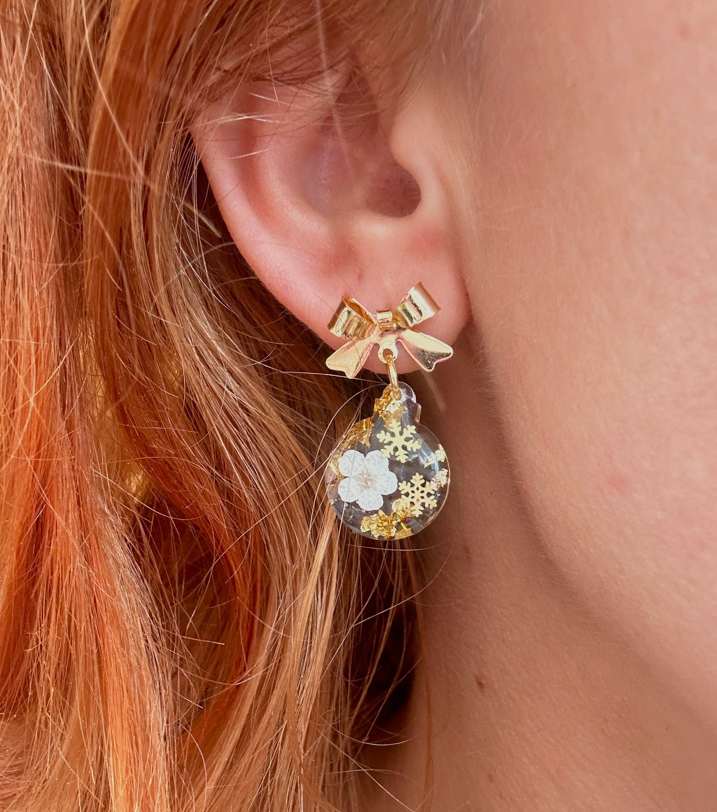 Gold White bloom Bauble Drop earrings.