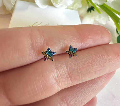 925 sterling silver Tiny black rainbow diamanté Star studs.