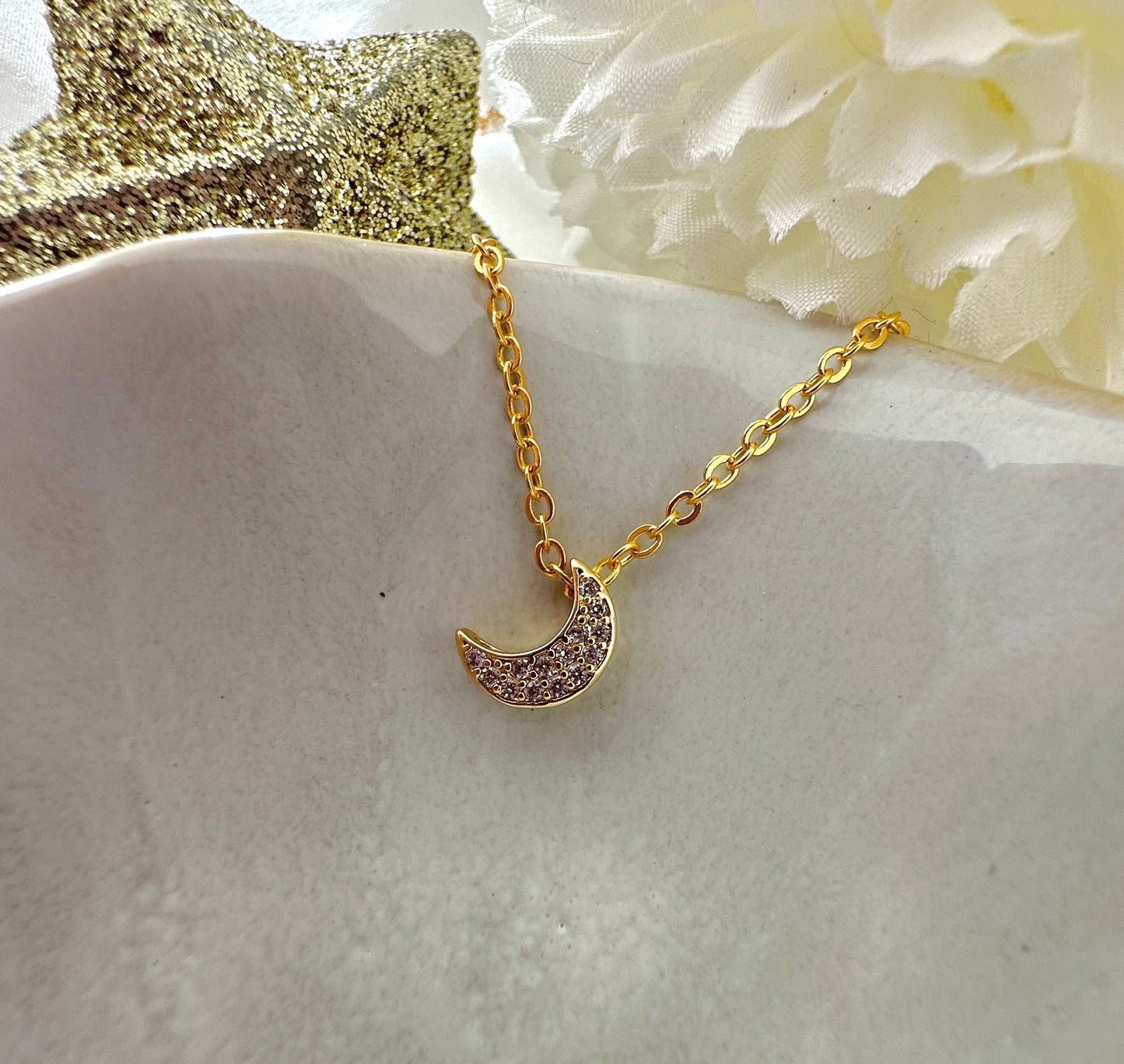 Gold Tiny CZ Moon Necklace.