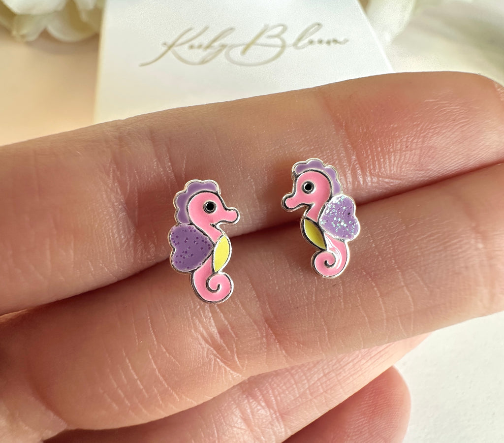 925 sterling silver pastel Seahorse stud earrings.
