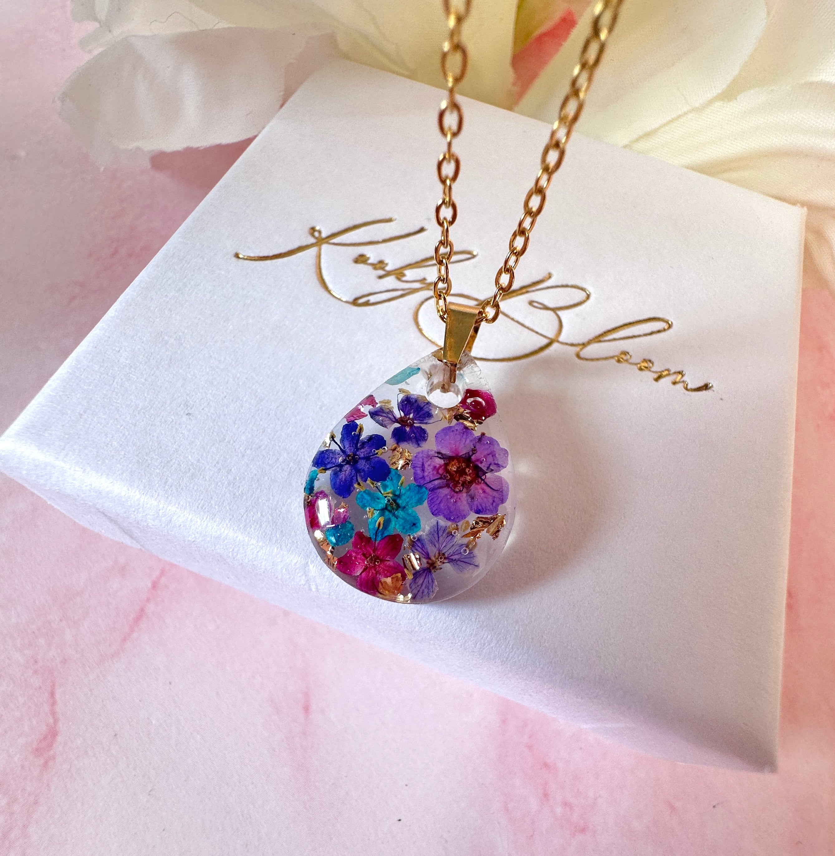 Gold Purple Rain Bloom Teardrop necklace.