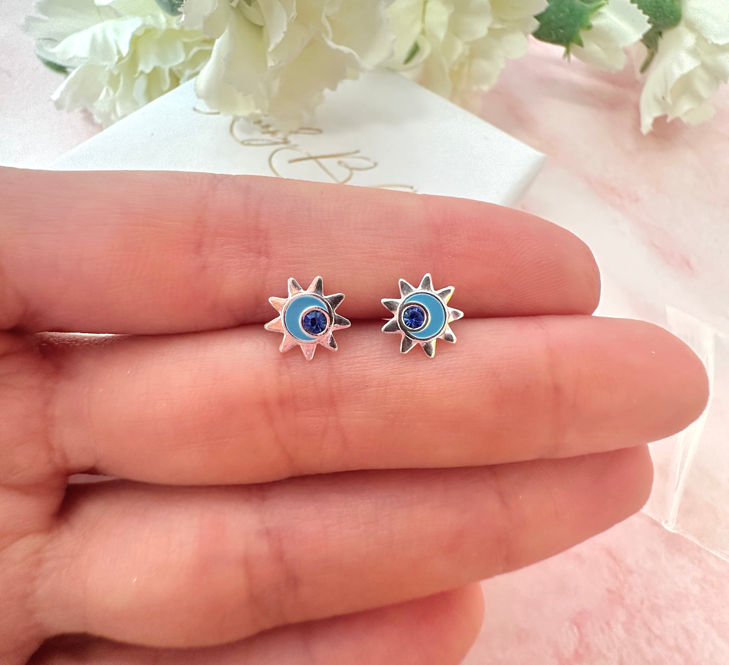 925 sterling silver Blue Moon Sun stud earrings.